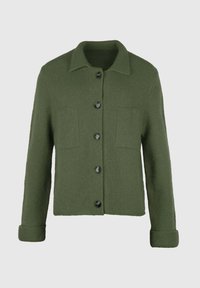 Veste verte en mélange de laine avec un col chemise, six boutons noirs et deux poches frontales. Coupe droite avec poignets côtelés.