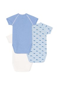 Tre body a maniche corte: uno bianco, uno azzurro con motivo balene e uno a righe blu. In morbido cotone con scollature tonde.