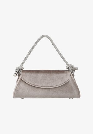 Lille taupe velour håndtaske med buet klap og flettet håndtag i sølvtonet metal med metal endestykker.