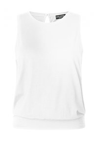 White sleeveless top with a round neckline, soft texture, and gathered hem. Features a small back keyhole with a button closure.
