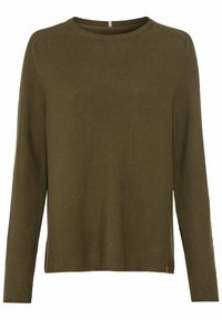 Dunkelolivgrüner Strickpullover mit langen Ärmeln, runder Ausschnitt und gerippten Details an den Bündchen und am Saum. Kleines Markenetikett an der unteren Seitennaht.