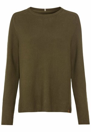 Dark olive green knit sweater with long sleeves, round neckline, and ribbed detailing at cuffs and hem. Small brand tag at lower side seam.
