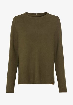 Dark olive green knit sweater with long sleeves, round neckline, and ribbed detailing at cuffs and hem. Small brand tag at lower side seam.