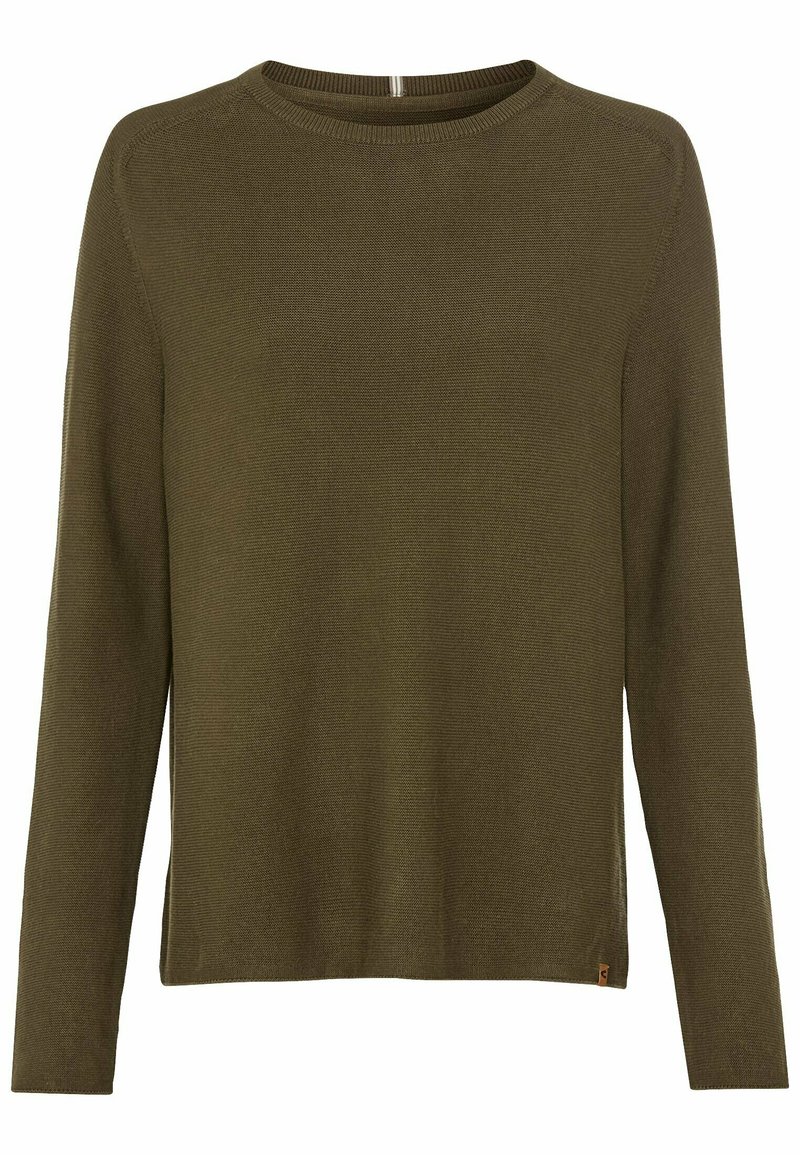 Dunkelolivgrüner Strickpullover mit langen Ärmeln, runder Ausschnitt und gerippten Details an den Bündchen und am Saum. Kleines Markenetikett an der unteren Seitennaht.