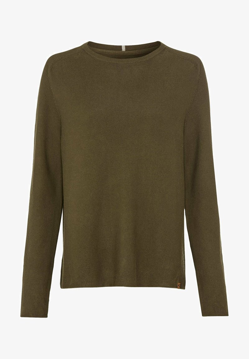 Dark olive green knit sweater with long sleeves, round neckline, and ribbed detailing at cuffs and hem. Small brand tag at lower side seam.