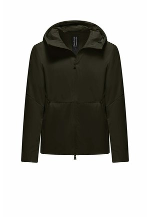 Giacca verde scuro con cappuccio, cerniera frontale completa e maniche lunghe, realizzata in tessuto liscio con due tasche laterali.