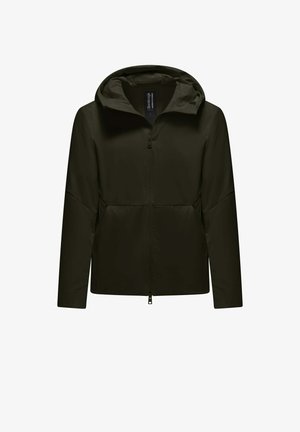 Donkergroene capuchonjas met volledige ritssluiting aan de voorkant en lange mouwen, gemaakt van gladde stof met twee zijzakken.