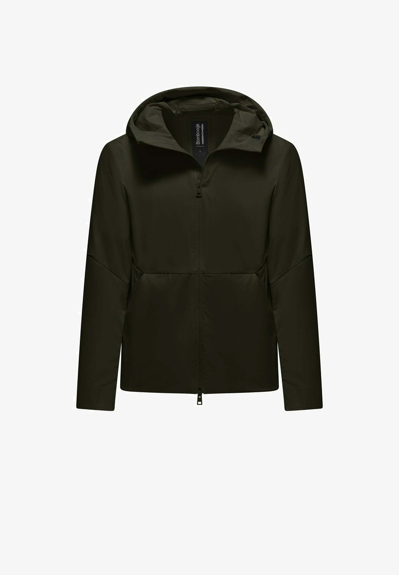 Ciemnozielona kurtka z kapturem, z pełnym zamkiem z przodu i długimi rękawami, wykonana z gładkiego materiału, z dwoma bocznymi kieszeniami.