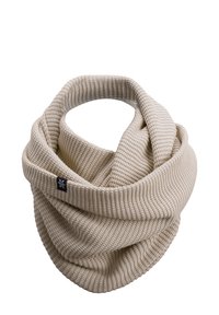 Knitted beige infinity scarf with a textured rib pattern. Features a small logo tag. Soft fabric with a continuous loop design.