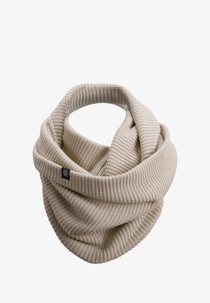 Knitted beige infinity scarf with a textured rib pattern. Features a small logo tag. Soft fabric with a continuous loop design.