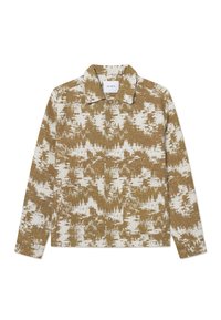 Button-up shirt in brown and white abstract pattern, featuring a collared neck, long sleeves, soft texture, and front button closure.