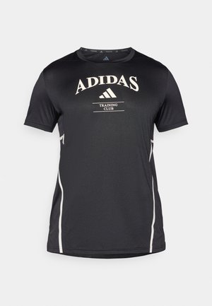 T-shirt d'entraînement noir Adidas à manches courtes, avec texte logo blanc et accents latéraux. Texture lisse et coupe athlétique.