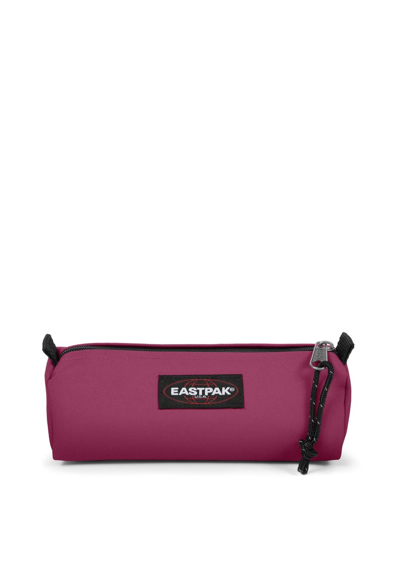 Pink pencil case with a textured surface, rounded shape, zip closure, and black hardware. Features Eastpak logo patch on the front.