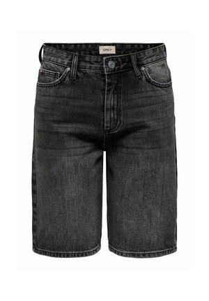 Șorturi din denim negre cu croială dreaptă, design cu cinci buzunare și o textură ușor decolorată. Dispun de un brâu cu marcă și accesorii metalice.