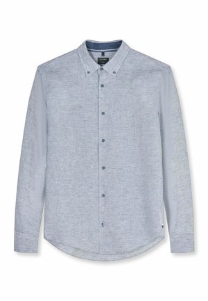 Herrenlangarm hellblaues Hemd mit dezenten feinen Streifen, Button-Down-Kragen und Knopfleiste vorne.