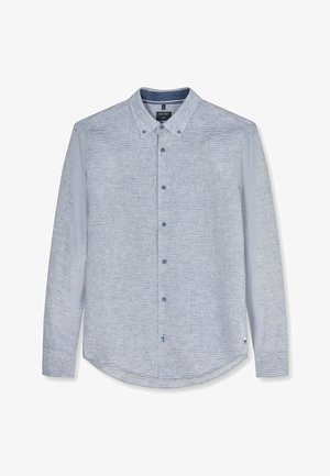 Herrenlangarm hellblaues Hemd mit dezenten feinen Streifen, Button-Down-Kragen und Knopfleiste vorne.