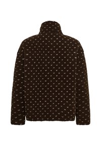 Σκούρο καφέ fleece μπουφάν με μικρά ανοιχτόγρια καρδιά μοτίβα, μακριά μανίκια και ψηλό γιακά, εμφανιζόμενο από πίσω σε λευκό φόντο.