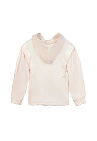 Felpa color crema con cappuccio, caratterizzata da spalle cadute, maniche lunghe con polsini elasticizzati e una texture liscia.