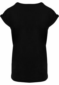Sort kortærmet t-shirt med rund halsudskæring, der har opsoledde ærmer, en afslappet pasform og en glat bomuldsstruktur.