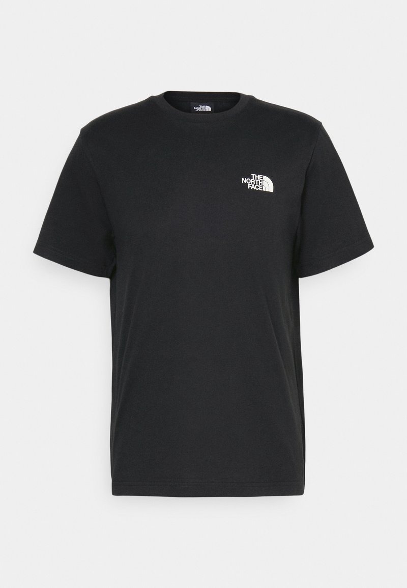 Black cotton t-shirt with short sleeves, crew neck, and a small white logo on the left chest. Simple design, smooth texture, and relaxed fit.