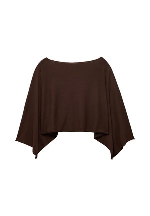 Poncho marrón estilo capa con lados anchos y fluidos y un escote recto, mostrado sobre un fondo blanco.