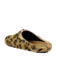 Pantofole a ciabatta con stampa leopardata in soffice pelliccia sintetica; soletta nera imbottita; design con retro aperto; punta arrotondata; suola esterna in gomma resistente.