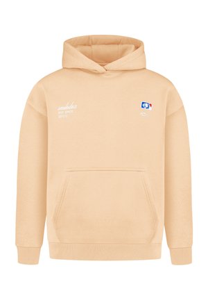 Beżowa bluza z kapturem z przednią kieszenią, białym napisem "smildox EST. SINCE 2013" na lewym piersi oraz małym niebiesko-biało-czerwonym logo na prawej piersi.