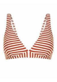 Ribkowany biustonosz bikini w czerwono-kremowe paski. Charakteryzuje się trójkątnym kształtem, szerokimi ramiączkami i teksturowanym materiałem. Projekt w kształcie litery V z bocznymi wycięciami.