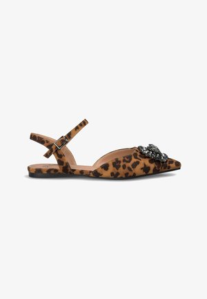 Leopard print flat shoes with a pointed toe, made of suede material, featuring a decorative black floral embellishment and an adjustable strap.