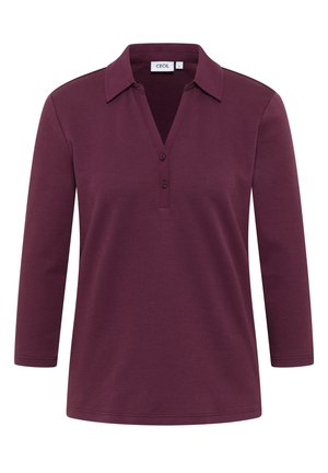 Burgundské polo tričko s dlouhým rukávem z měkkého materiálu, s límečkem, tří tlačítkovou léga a volným střihem.