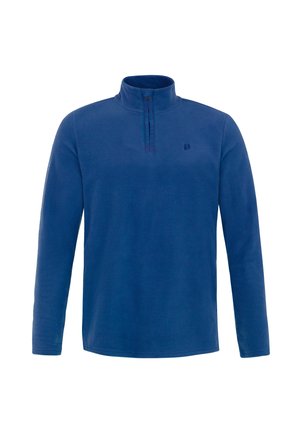 Donkerblauwe fleece pullover met een halve rits kraag en lange mouwen. Soepele textuur en eenvoudig ontwerp. Voorzien van een klein logo op de borst.