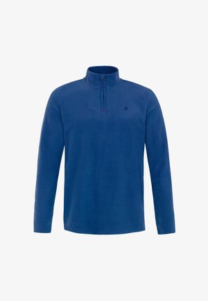 Dunkelblauer Fleece-Pullover mit halbgeöffnetem Kragen und langen Ärmeln. Glatte Textur und einfaches Design. Mit kleinem Logo auf der Brust.