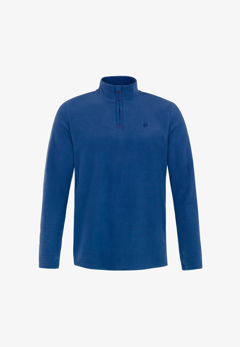 Tmavě modrý fleecový svetr s polo zipem a dlouhými rukávy. Hladká textura a jednoduchý design. Na hrudi je malá nášivka.
