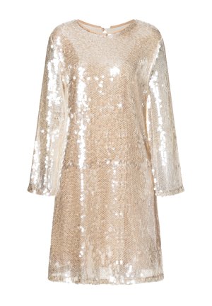 Short-sleeve dress with a round neckline, covered in gold sequins, featuring a loose fit and a soft underlying fabric for comfort.