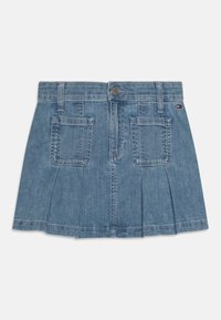 Denim skirt, light blue, pleated design, features two back pockets, metal button closure, and branded tag on the waistband.