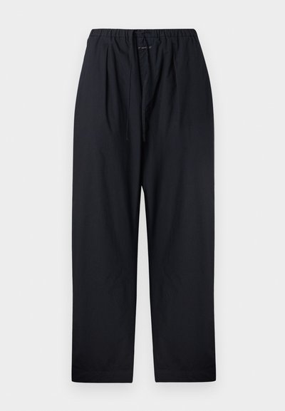 Melni, brīvā stila bikses, izgatavotas no viegla auduma, ar elastīgu jostu un auklu, kā arī taisnas kājas dizainu.