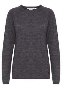 Navy blue knit sweater with a crew neck, raglan sleeves, and ribbed cuffs. Features a small brown leather logo label at the hem.