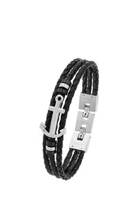 Braccialetto in pelle nera intrecciata con un charm a forma di ancora in argento e accenti in acciaio inox, composto da tre sezioni di link metallici.