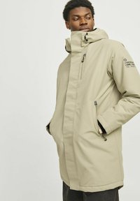 Beige parka-jakke med høj krave, lynlås foran, sidelommer og broderede detaljer på ærmet. Glat tekstur, casual design.