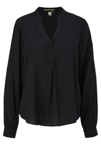 Blouse noire à manches longues avec un décolleté en V, des fronces au centre et des poignets ajustés. Confectionnée dans un tissu léger.