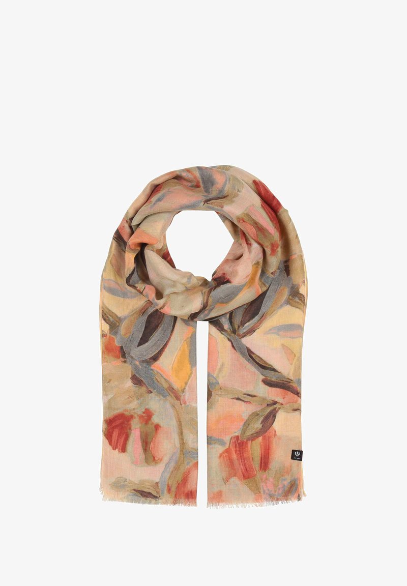 Mīksta, viegla šalle pasteļtoņos ar ziedu rakstu, kurā ir rozā, pelēkas un brūnas krāsas toņi, ar frizētiem malām.