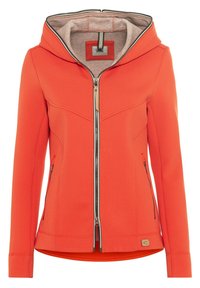 Helle orange Zip-Hoodie mit hellgrauem Innenfutter, seitlichen Taschen mit Reißverschluss und einem vorderen Markenetikett in der Nähe des Saums.