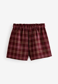 Pantaloni corti a quadri rossi con vita elastica, texture intrecciata e motivo a scacchi con accenti rosa e marroni.