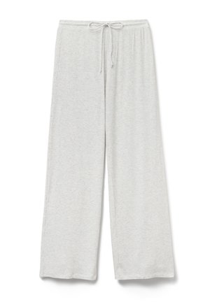 Ljust grå, ribbade byxor med vida ben och dragsko i midjan. Materialet verkar mjukt och andas, vilket gör dem lämpliga för avslappnad användning.