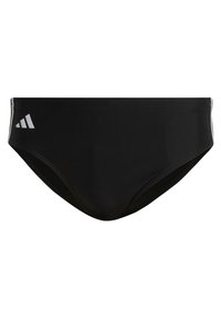 Jupe de bain noire en matériau lisse, avec des accents blancs du logo Adidas sur le côté gauche et une coupe ajustée et sculptante.