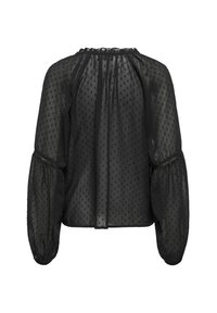 Blusa nera trasparente con motivo a pois, maniche lunghe con polsini elasticizzati e scollatura arricciata, caratterizzata da una vestibilità morbida e un tessuto testurizzato.