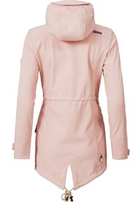 Light pink outer jacket with a hood. Features a drawstring at the waist and a vented hem. Made of smooth, water-resistant material.