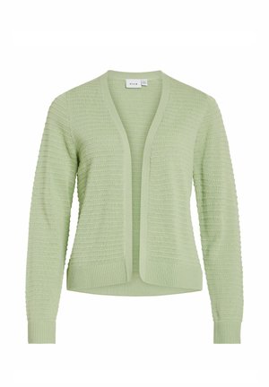 Light green open-front knitted cardigan with long sleeves and ribbed cuffs and hem.