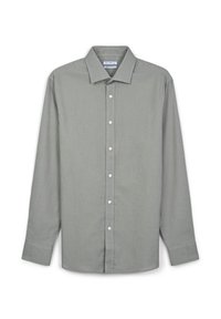 Camicia a maniche lunghe grigia chiaro da uomo con colletto classico e bottoni bianchi sul davanti, esposta su uno sfondo bianco.