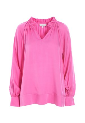 Rosa Bluse mit V-Ausschnitt und gerafftem Kragen. Sie hat lange, geraffte Ärmel und einen fließenden, weichen Stoff für eine entspannte Passform.